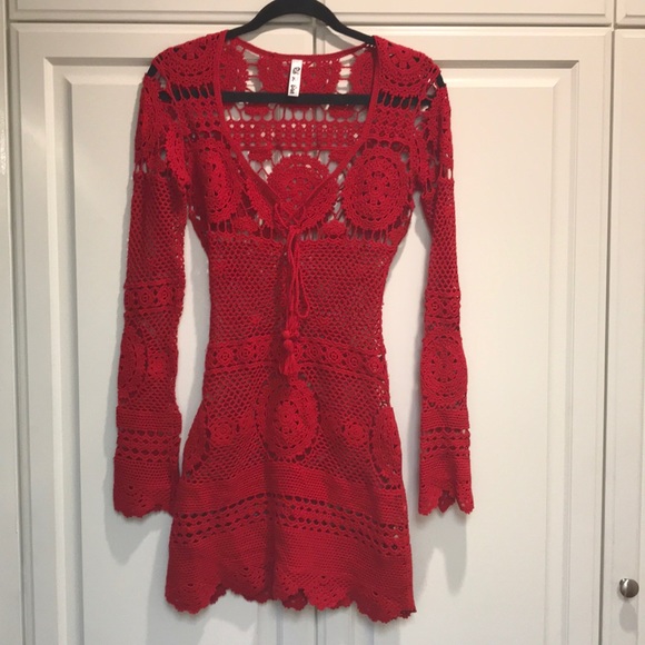 rat and boa red crochet dress